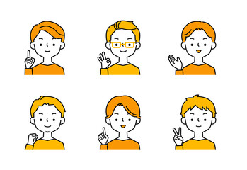 ポジティブなポーズと表情の男性のシンプルなイラストセット