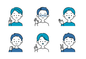 ポジティブなポーズと表情の男性のシンプルなイラストセット