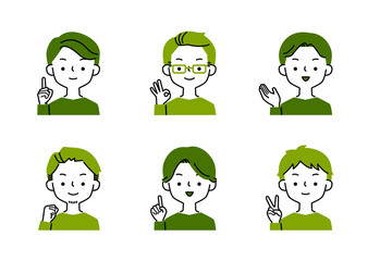 ポジティブなポーズと表情の男性のシンプルなイラストセット