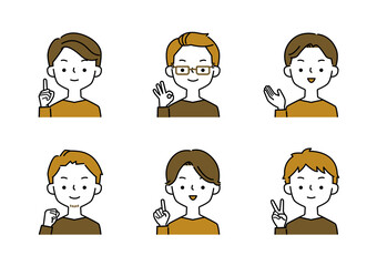 ポジティブなポーズと表情の男性のシンプルなイラストセット