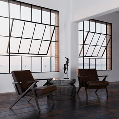 Dark colored wood frame Cavett chairs with table, windows, and decor in open studio