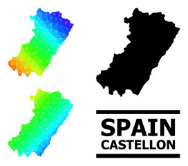 Vector low-poly spectrum colored map of Castellon Province with diagonal gradient. Triangulated map of Castellon Province polygonal illustration.