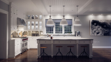 3D Rendering of Bright White Kitchen in Early Morning, featuring lighting, windows, island counter, appliances, chimpanzee artwork