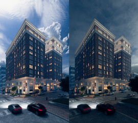 3d Rendering of multi story city commercial building in day and night scenes
