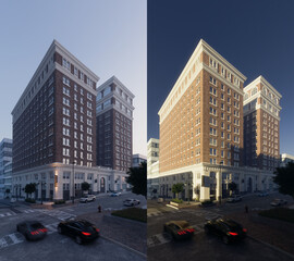 3d Rendering multi story commercial building visualization showing two color options