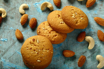 Homemade sugar free vegan  diet cookies with almonds and cashew nuts.