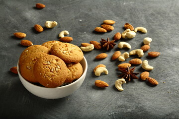 Homemade crispy baked dry fruits cookies .on a holiday  celebrations background. 