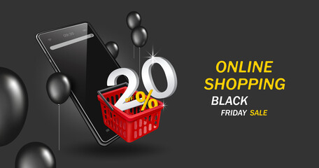 20% off text in red basket and all on smartphone screen and There were balloons floating around for online shopping black friday promotion concept design,vector 3d on black background for advertising