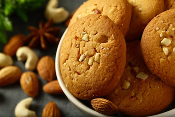 Bowl of delicious fresh baked dry fruits cookies biscuits, 