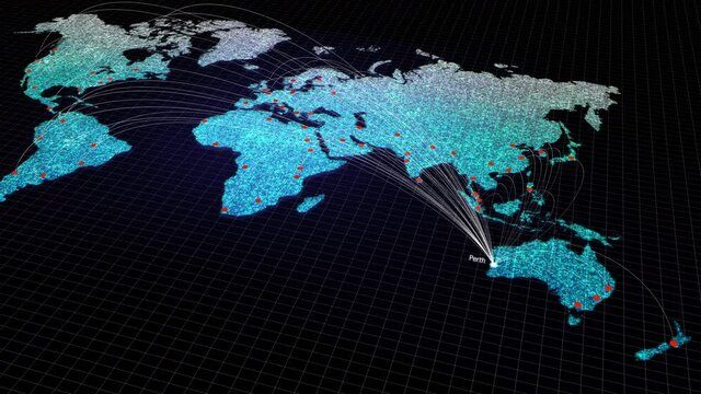 Global connectivity from Perth, Australia to other major cities around the world. Technology and network connection, trading and traveling concept. World map element of this clip furnished by NASA