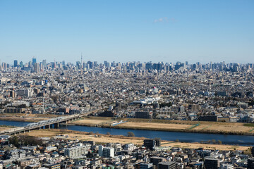 Obraz na płótnie Canvas 川崎市から見る東京のビル群と多摩川