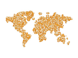 World map made with yellow corn kernels on a white isolated background. Export, production, supply,...