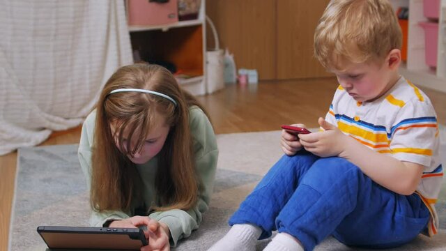 Children internet addiction boy and girl