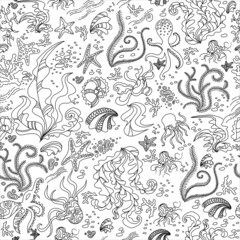 Seamless pattern with Underwater doodle illustration. Vector illustration with sea and ocean life