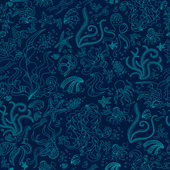 Seamless pattern with Underwater doodle illustration. Vector illustration with sea and ocean life