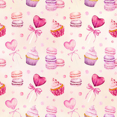 Watercolor seamless pattern with cupcake, macaroon and lollipop on light pink background.