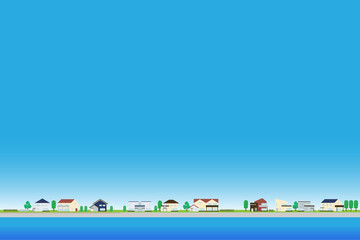 Obraz premium 住宅街 雲のない青空と住宅のベクターイラスト ポスターサイズ 横位置