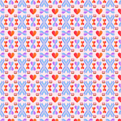 Seamless pattern with watercolor heart. Valentine's Day background, Beautiful vector floral summer seamless pattern with watercolor hand-drawn field wild flowers. Stock illustration. 