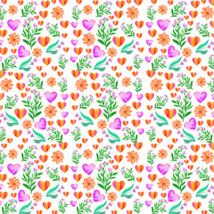Seamless pattern with watercolor heart. Valentine's Day background, Beautiful vector floral summer seamless pattern with watercolor hand-drawn field wild flowers. Stock illustration. 