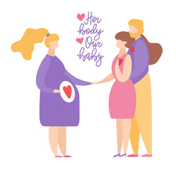 Couple with Surrogate Pregnant woman. Vector illustration flat cartoon style. Adoptive parents. Surrogacy.