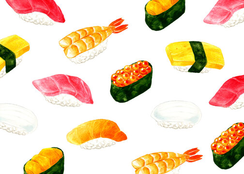 お寿司の背景素材　和食の手描き水彩イラスト素材
