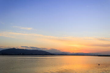 鮮やかな夕焼けとオレンジに染まる川面