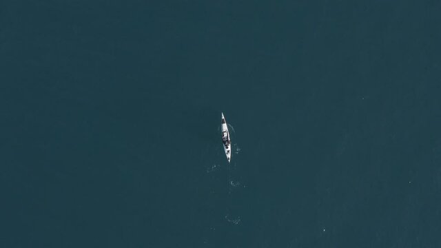 Single seat fishing canoe rowing at calm open sea water, Aerial view.