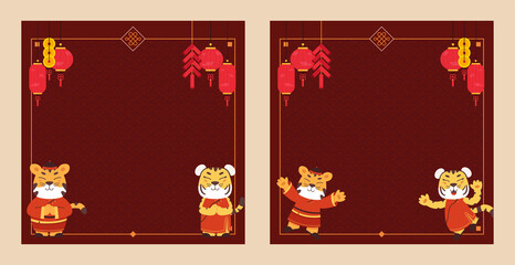 Chinese New Year 2022 background template for greeting card, poster, website banner with tiger illustration, lantern, firecracker, stamp and chinese element