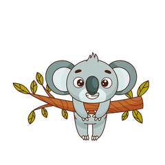 Koala hangs on a tree branch. Postcard in children's cartoon style. Vector illustration for designs, prints and patterns.