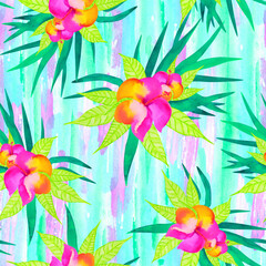Colorful tropical print, watercolor background, seamless floral pattern, hibiscus flowers and leaves
