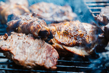 Close up fresh meat kebabs on skewers