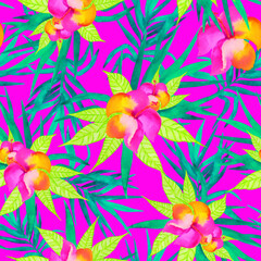 Obraz na płótnie Canvas Neon pink vintage floral pattern, seamless tropical print with watercolor flowers in Hawaiian style