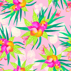 Tropical flowers and leaves seamless pattern on pink background, floral summer print 