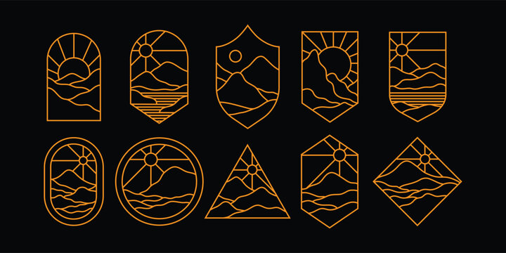 a collection of badges set in vector graphics. logotype template isolated on black. mountain illustration on the frame as badges for labels, business logo, clothing design, etc.
