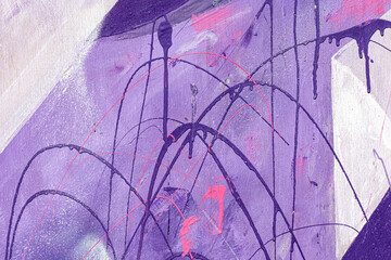 Beautiful horizontal texture of part of old concrete wall with holes painted in violet blue pink colors on the photo