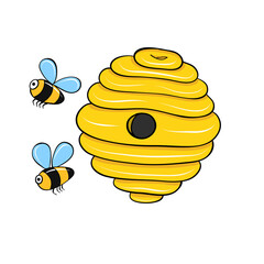 funny bee and hive hand drawn in cartoon style