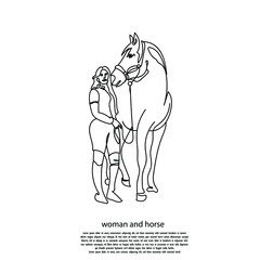 continuous line of women and horses. line art of woman standing beside a horse