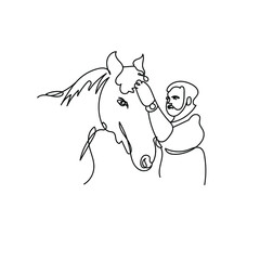 continuous line of men and horses. line art of man stroking the head of a horse