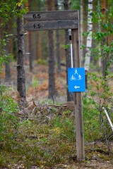 Hiking trail signpost in the Scandinavian forest.