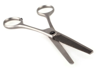 Professional Metal Haircutting Scissors isolated on white background. Selective focus