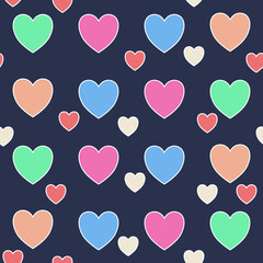 Blue, pink, yellow, green hearts on a dark background. Seamless pattern of abstract elements with texture on a dark blue background for textile.