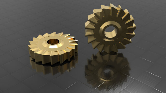3D rendering - two golden gears on carbon fiber background