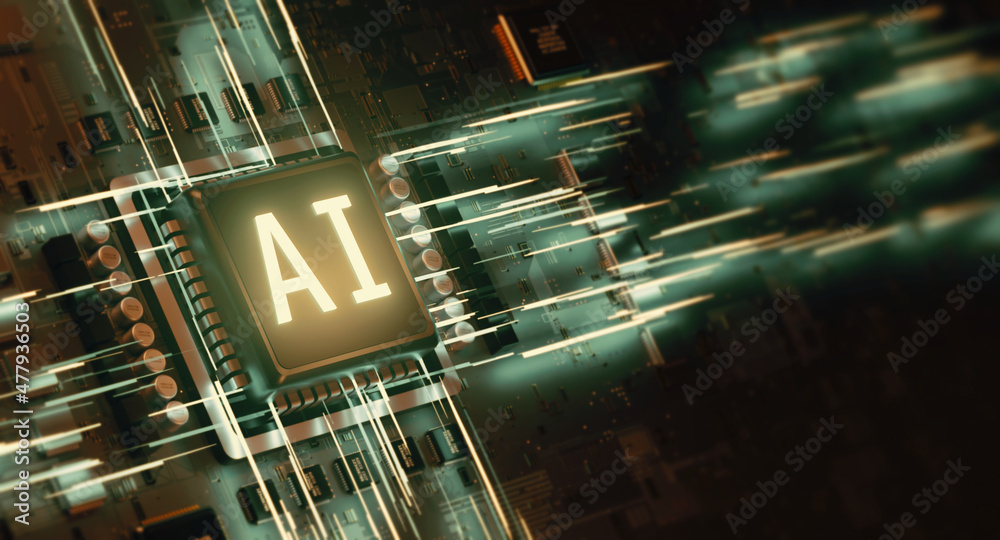 Poster 3d rendering of computer mother board chip with ai text and glowing circuit background. large copy s