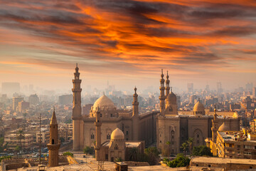 Fototapeta na wymiar The Mosque-Madrasa of Sultan Hassan at sunset, Cairo Citadel, Egypt