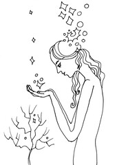 Silhouette of a naked girl holding an asterisk in her open palm and thoughts above her head in the form of abstract patterns. The composition is hand-drawn in black ink.