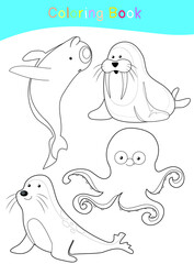 Coloring sea animals worksheet page. Educational printable coloring worksheet. Coloring game for preschool children. Black and white vector illustration. Motor skills education.