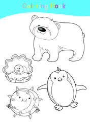 Coloring sea animals worksheet page. Educational printable coloring worksheet. Coloring game for preschool children. Black and white vector illustration. Motor skills education.