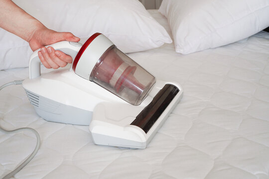 woman hand hold handheld vacuum cleaner  to clean white  bed sheet , pillows and bed set to remove stain , dust , pet hair and dust mites to prevent symptom of allergic to dust
