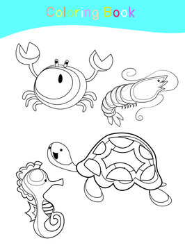 Coloring sea animals worksheet page. Educational printable coloring worksheet. Coloring game for preschool children. Black and white vector illustration. Motor skills education.