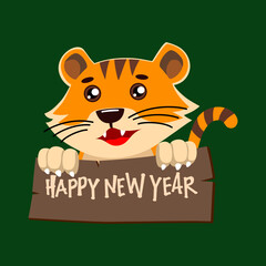 Little tiger happy new year sign vector cartoon characters 